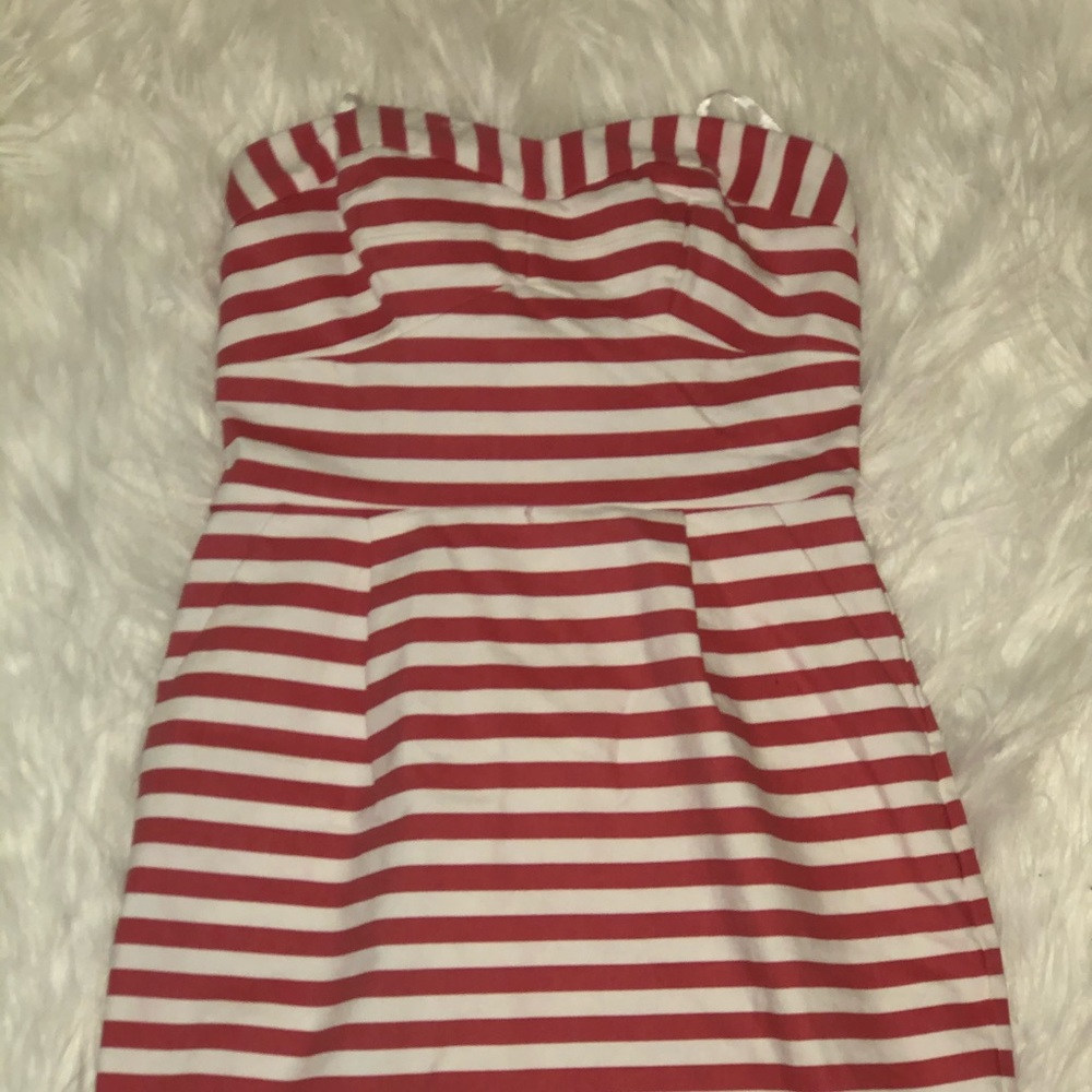 Strapless pink and white stretch zip up dress